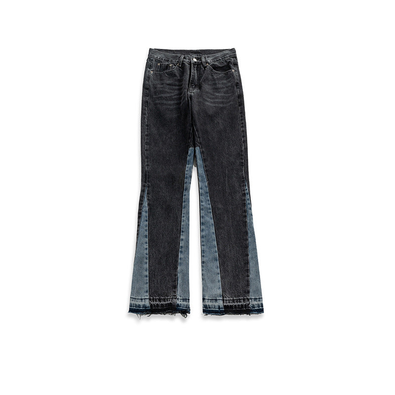 Men's Wear Women's Autumn And Winter Street Cat-beard Pants Remodeled Wide-legged Pants Men's And Women's Contrast Color Stitching Jeans
