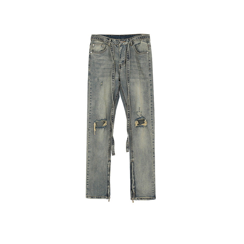 Men's And Women's Urban Knee Ripped Pants With Zipper Leg Unisex Street Fashionable Jeans With Streets