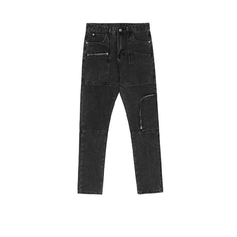 Men's And Women's Hip-Hop Multi-Pocket Zipper Washed Old Trousers High Street Men's And Women's Straight Jeans