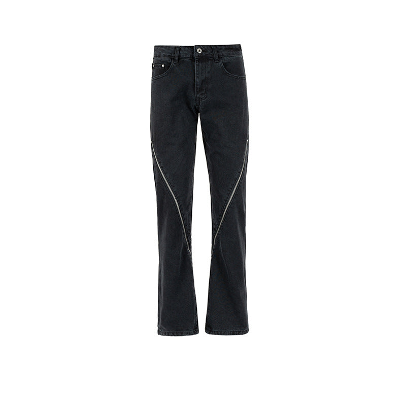Men's Women's Autumn And Winter Urban Slant Side Zipper Trousers Unisex High Street Wide-Leg Slim Black Jeans
