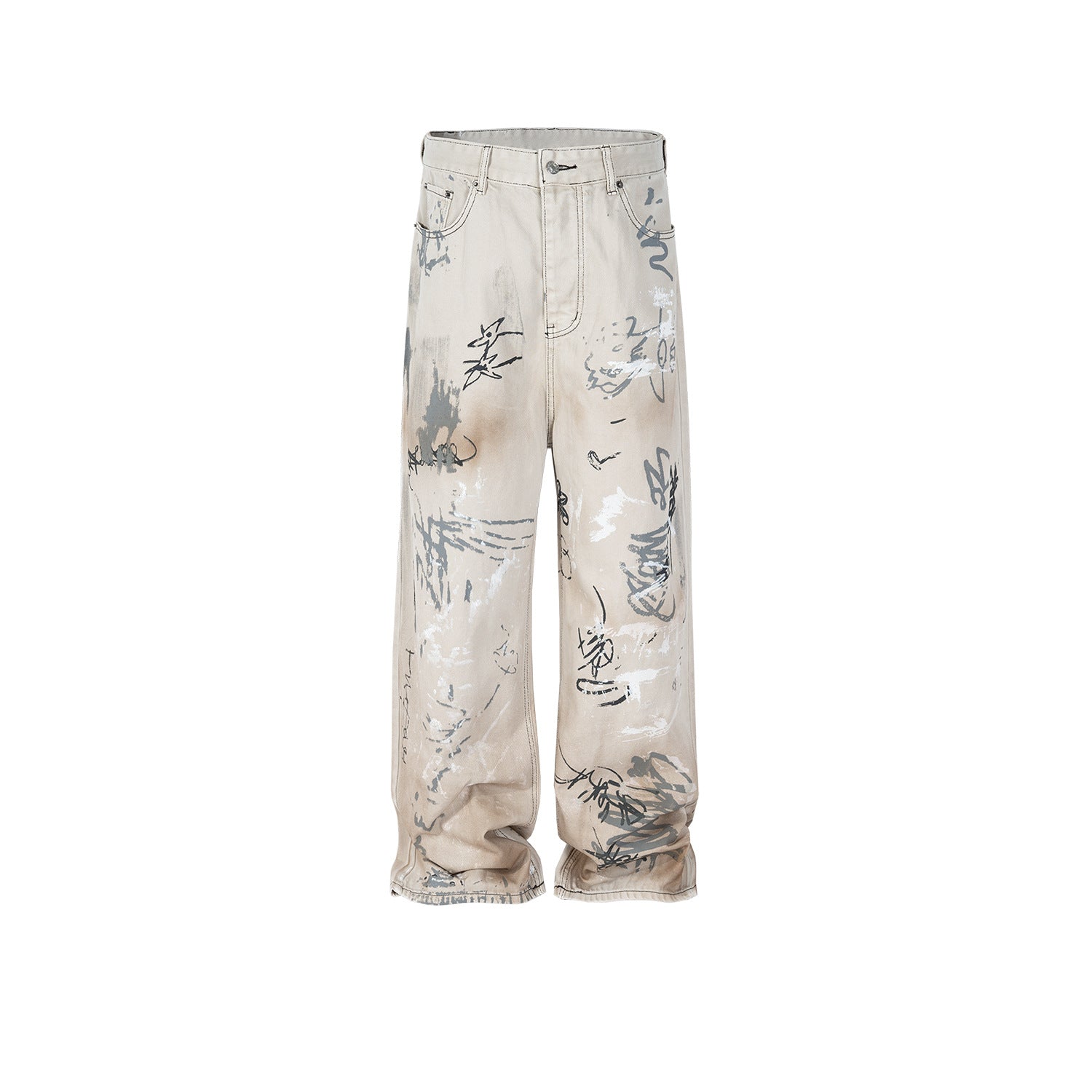 Men's And Women's Hand-painted Graffiti Old Pants Men's And Women's White Straight High Street Washable Jeans