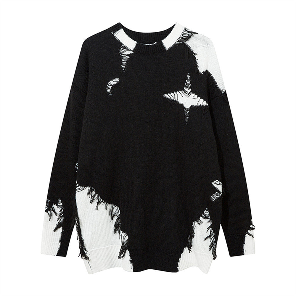 Colorblock Fur Crewneck Sweater Men's Street Hip-Hop Destruction Niche Loose Casual Autumn Pullover Sweater