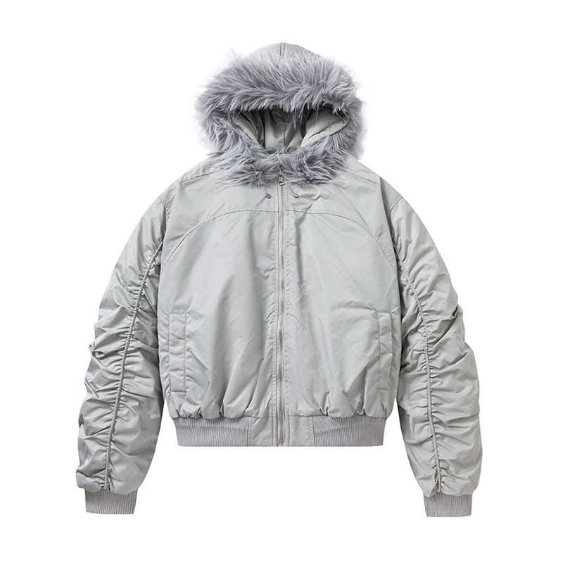Hooded Fur Collar Cotton-padded Jacket Winter Men's Fashion Brand Heavy Craft Pleated Design Niche Loose Cotton Clothes