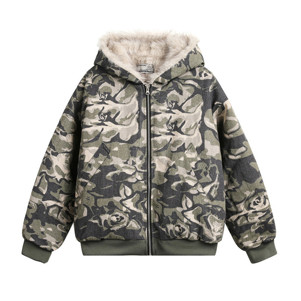 Camouflage Hooded Cotton-padded Coat Men's Winter American Style High Street Design Sense Loose Cotton Plush Thickened Cotton-padded Coat