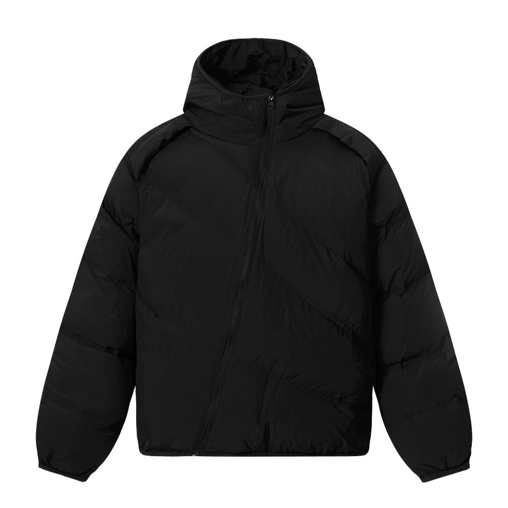 Cotton-padded Jacket Men's Winter Solid Color Loose-fit Grid Oblique Zipper Irregular Design Sense Personality Hooded Cotton-padded Jacket Trendy