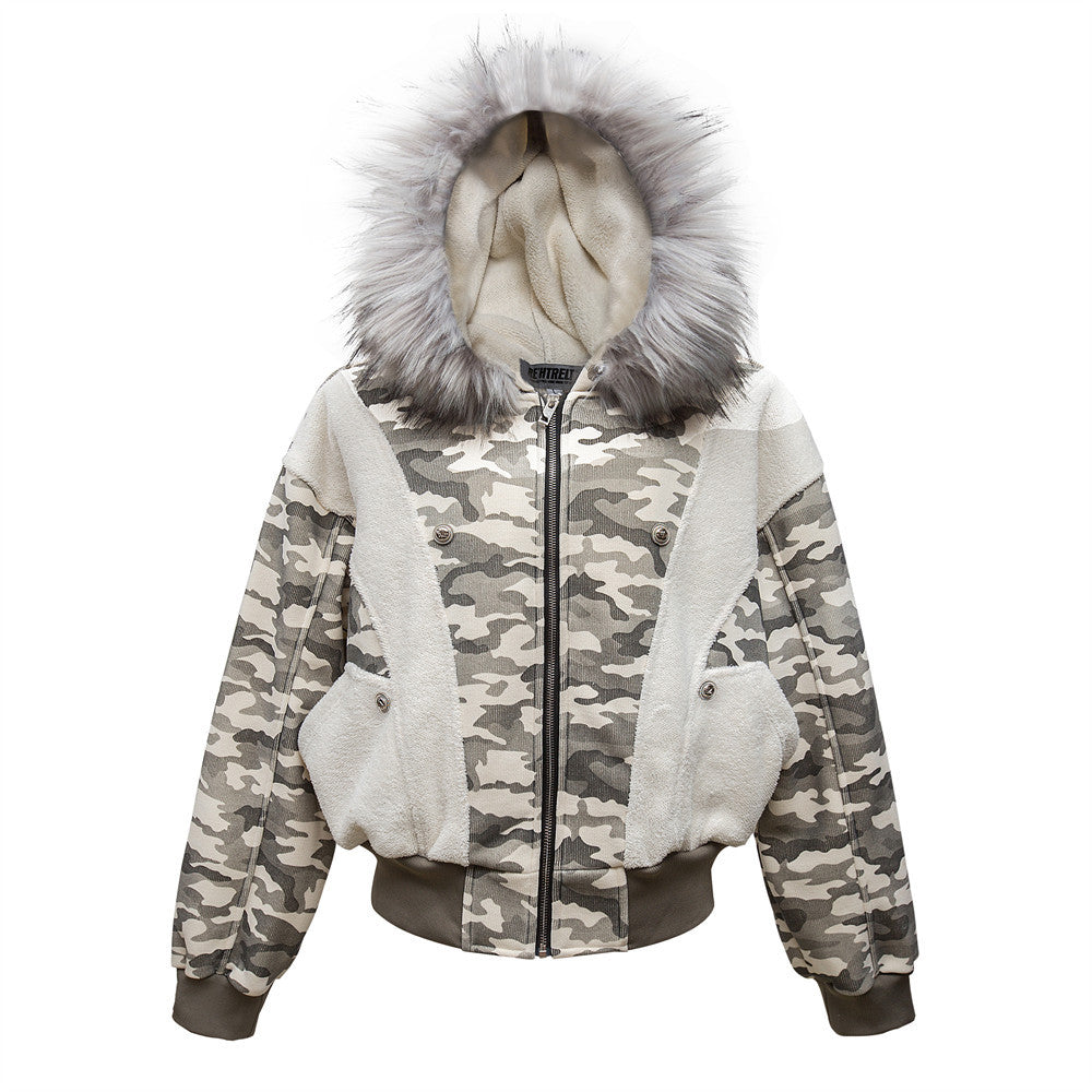 Wool Collar Hooded Cotton-padded Jacket European And American Fashion Brand Men's Loose Camouflage Deconstructed Stitching Thickened Work Jacket Winter