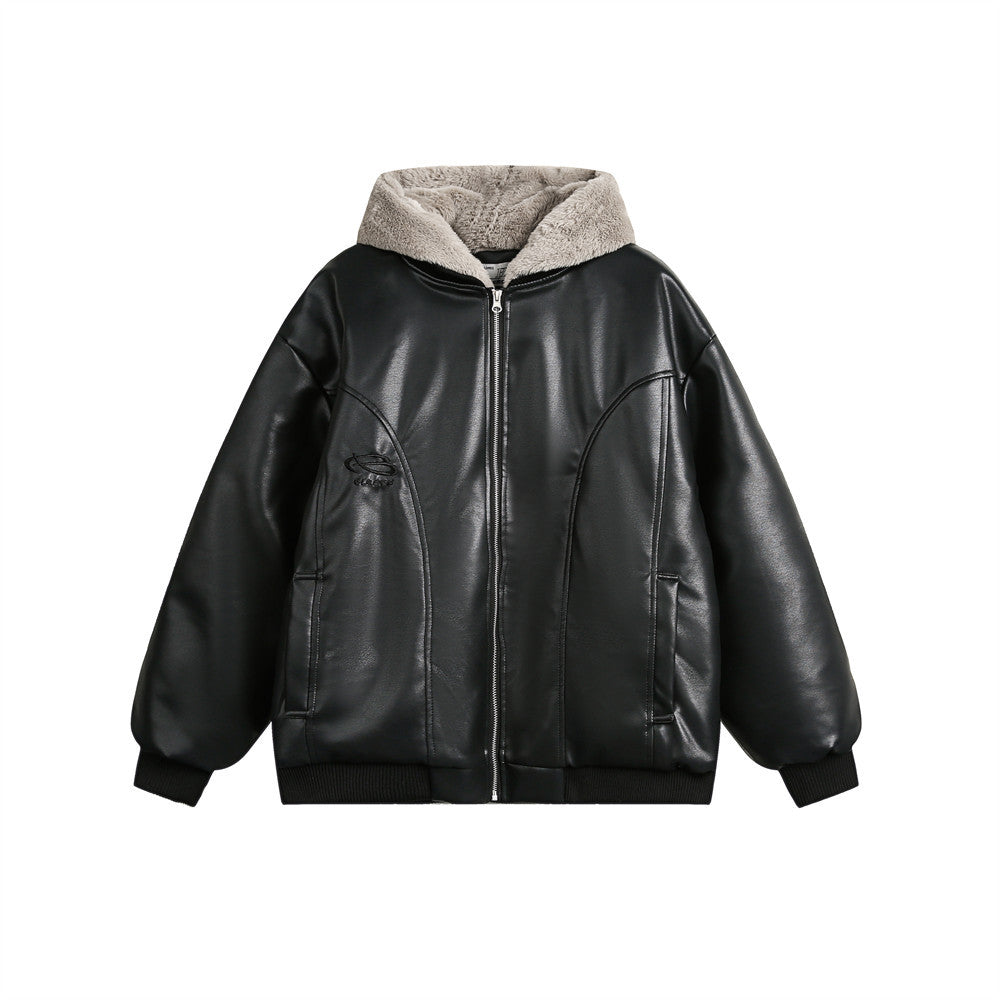 Color Matching Fake Two-piece Double Collar Hooded PU Leather Cotton-padded Jacket Winter Men's Fashion Brand Thick Warm Cotton-padded Jacket
