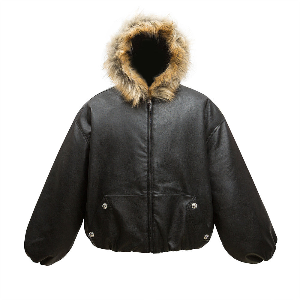 Wool Collar Hooded PU Leather Cotton-padded Jacket Men's Winter Thickened Cold-proof Warm Bread Clothing Leather Jacket Fashion Brand American Style