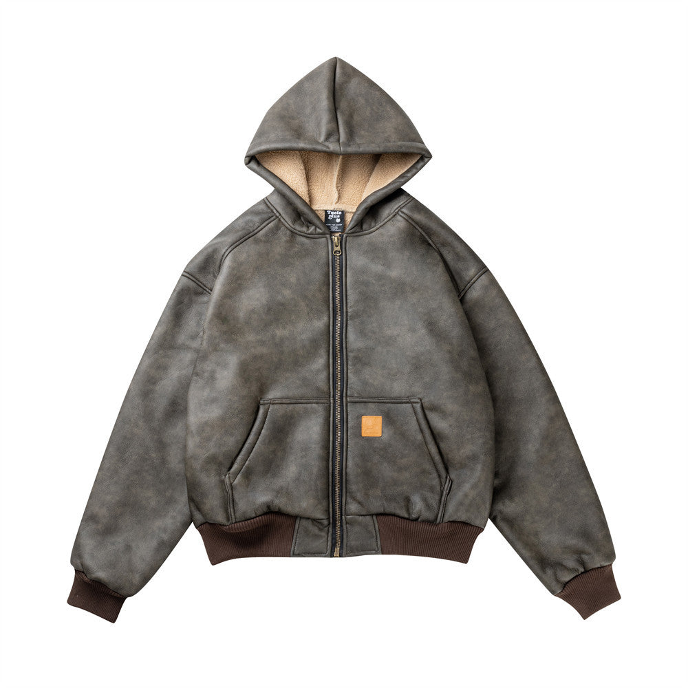 Fried Flower Old Thickened Hooded Cotton-padded Jacket Leather Jacket Men's Winter Punk Fashion Fleece-Lined Lamb Wool PU Leather Cotton-padded Jacket