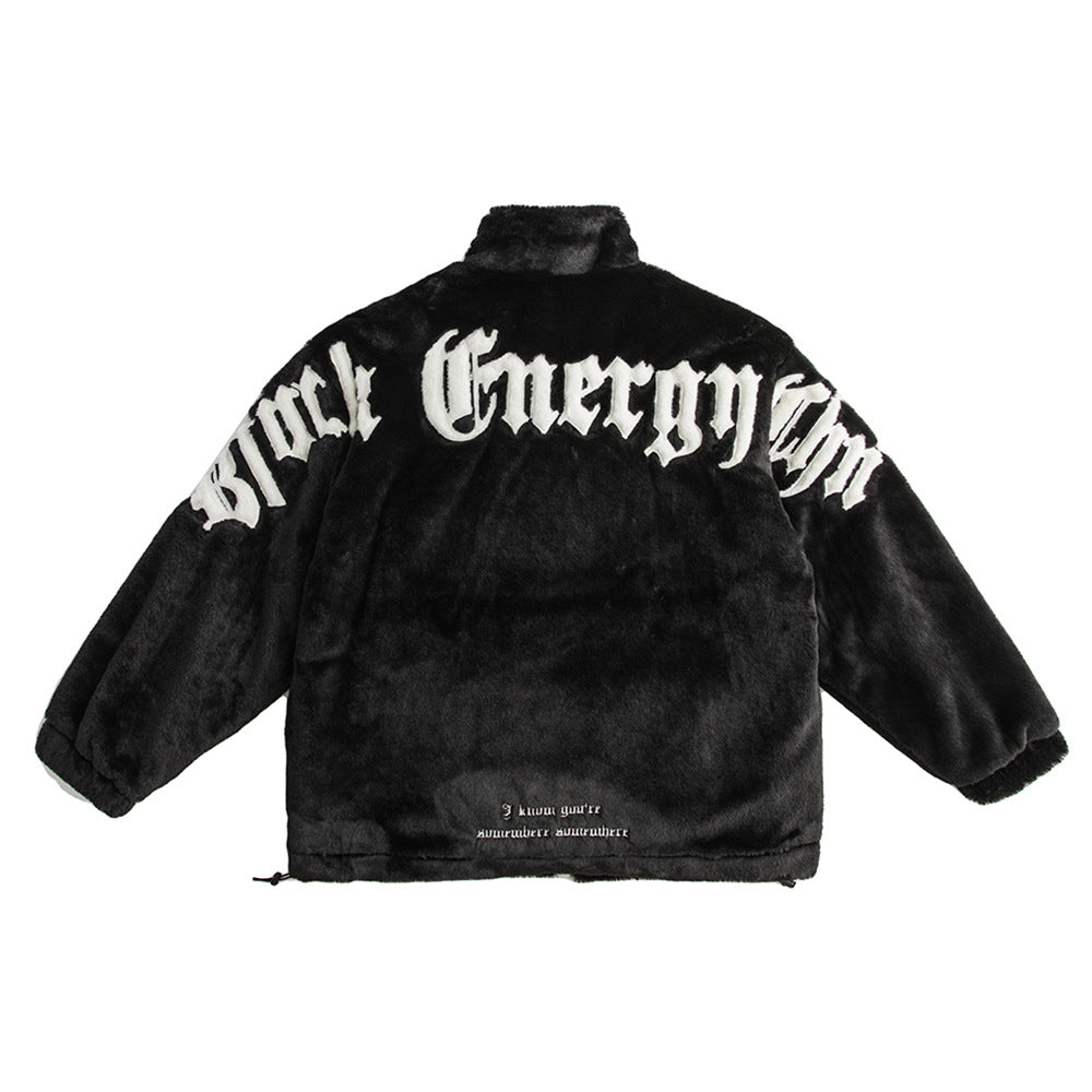 Letter Flocking Embroidered Fleece Cotton-padded Jacket Winter Men's Thickened Quilted Vertical Collar Cotton-padded Jacket Fashion Brand American Style
