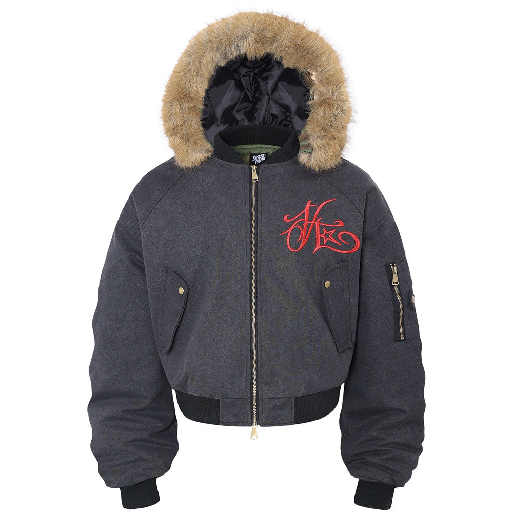 Letter Embroidered Hooded Cotton Jacket Bomber Jacket Men's Winter Pleated Hat Fur Collar Detachable Baseball Suit Coat