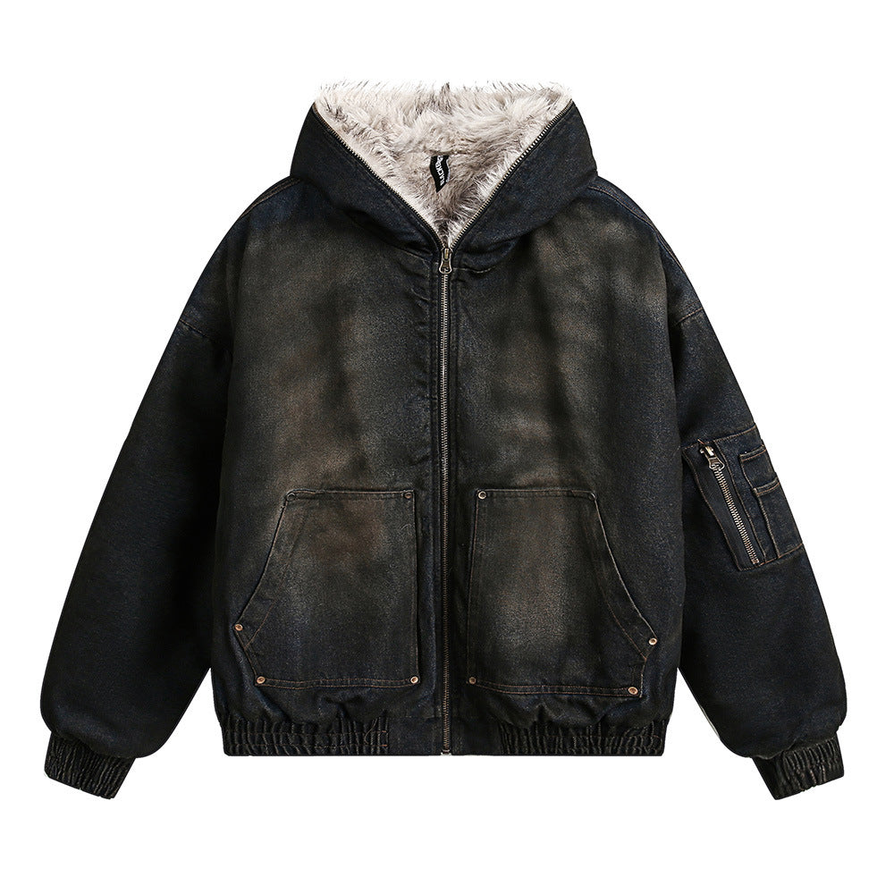 Suishan Carved Fur Collar Hooded Cotton-padded Jacket Men's Winter Loose American Style Fashion Brand Pocket Decorative Denim Cotton-padded Jacket