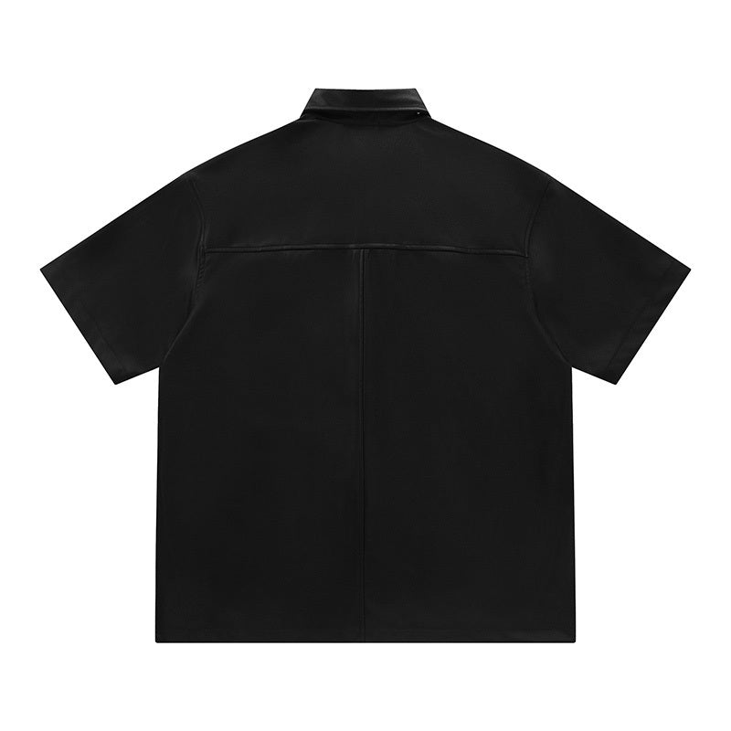 Shirts Personalized Design Oversize Special Button PU Tops Casual Summer Outwear Short Sleeve Patchwork