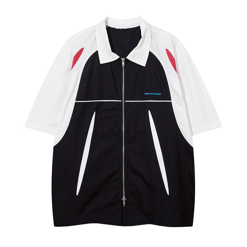 Polo Color Contrast Paneled Patchwork Streetwear Short Sleeve Summer Casual Fashion Lapel Zipper Letter Print