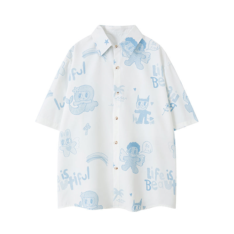 Cartoon Pattern Print Shirts Short Sleeve Loose Button Up Tops Casual Summer Outwear High Quality Fashion Beach