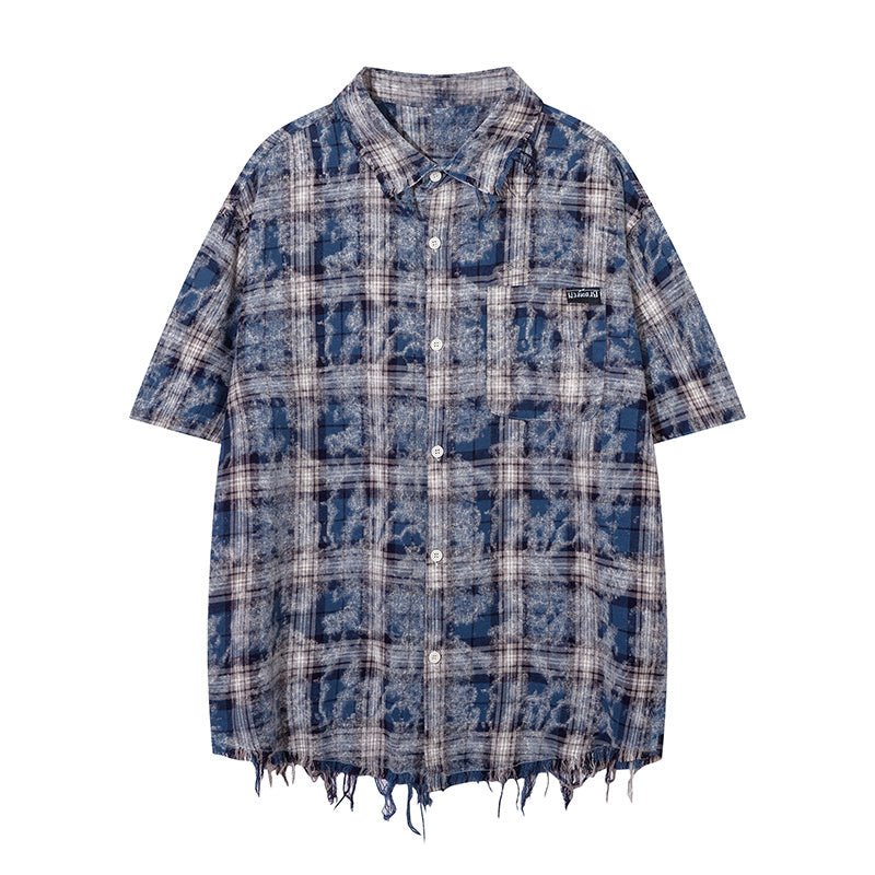 Vintage Plaid Polo Tassel Streetwear Short Sleeve Summer Casual Fashion Lapel Simple Blue
