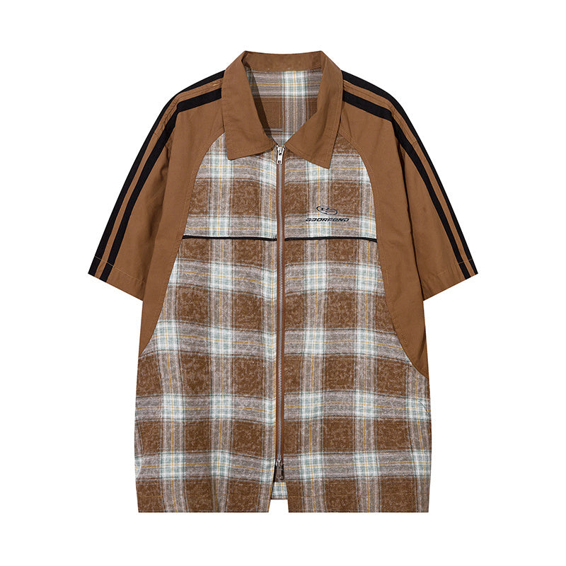 Patchwork Plaid Polo Color Contrast Paneled Streetwear Short Sleeve Summer Casual Fashion Lapel Zipper