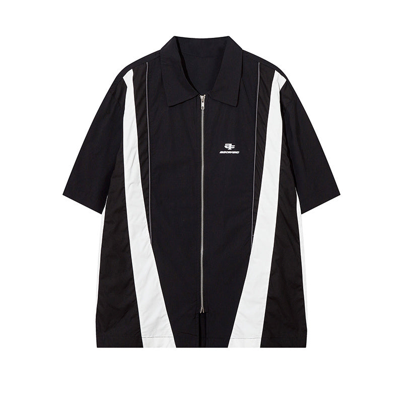 Polo Color Contrast Paneled Streetwear Short Sleeve Summer Casual Fashion Lapel Zipper Letter Print Simple