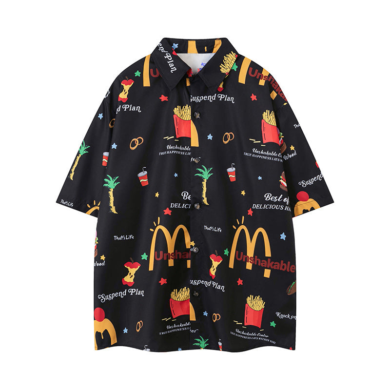 Fries Pattern Shirts Short Sleeve Loose Button Up Tops Casual Summer Outwear High Quality Fashion