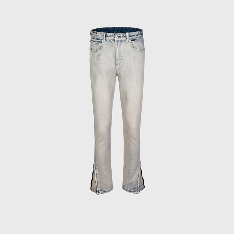 Men's And Women's Autumn And Winter Urban Slim-fit Old Worm Bite Wear Trousers Wide-legged Zipper Washable Denim Trendy