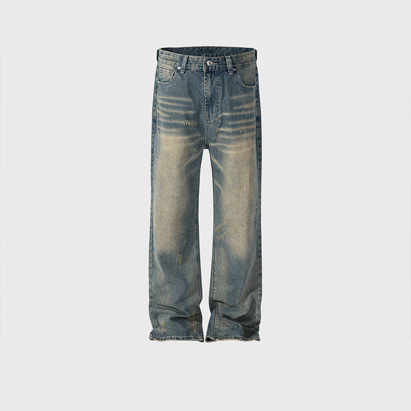 Men's And Women's Insect Bite Cat's Claw Destruction Trousers Men's And Women's Straight Tube Washing Water Old Blue High Street Jeans