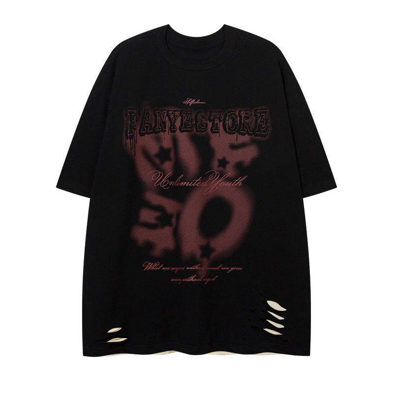 Retro Streetwear T Shirt Letter Print Crew Neck Short Sleeve Summer Fashion Tee Simple Loose Cotton Casual Hole