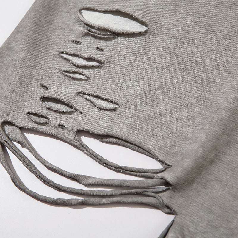Cotton Crew Neck Summer Fashion Streetwear Tee Loose Casual High Quality Short Sleeve Simple Ripped Design