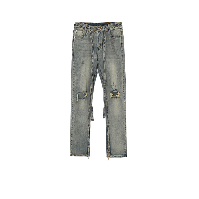 Men's And Women's Urban Knee Ripped Pants With Zipper Leg Unisex Street Fashionable Jeans With Streets