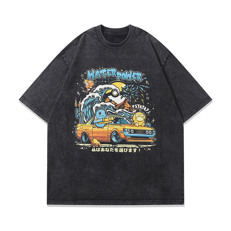 Vintage T Shirts Washed Loose Cotton Fashion Japanese Anime Print Tee Casual Streetwear Round Neck Summer Short Sleeve