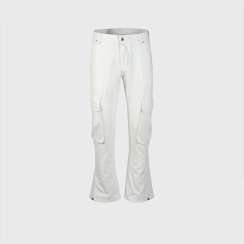 Women's Spring And Summer Urban Micro-La Wide-Leg Trousers Multi-Pocket Unisex Slim-Fit White Jeans