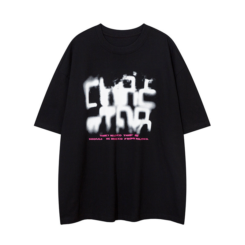 Abstract Letter Print Streetwear T Shirt Short Sleeve Round Neck Summer Cotton Loose Casual Simple Trendy Tee
