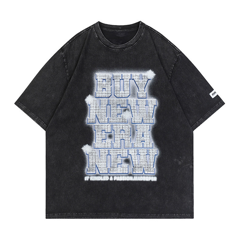 Big Letter Print Streetwear T Shirts Oversize Washed Loose Short Sleeve Harajuku Cotton Tee Casual Black