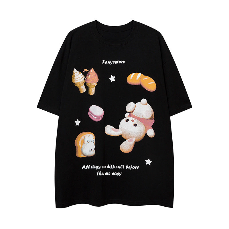 Cotton Food Pattern Round Neck Summer Trendy Streetwear Tee Loose Casual Short Sleeve High Quality