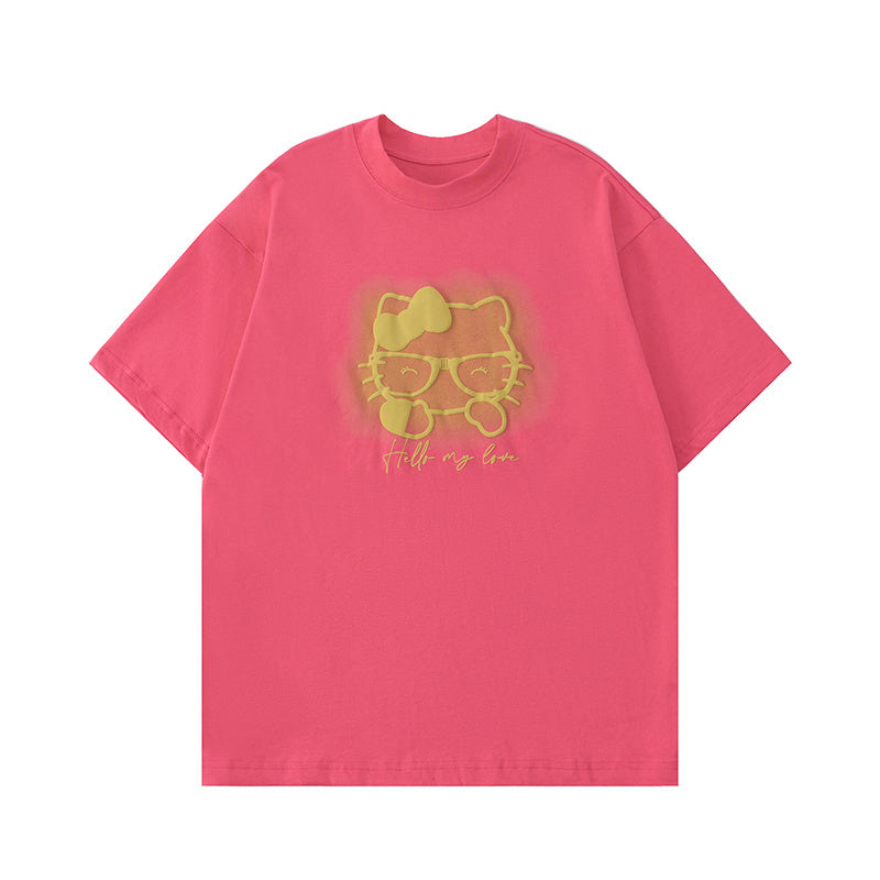 Streetwear T Shirts Cartoon Cat Graphic Oversize Loose Short Sleeve Cotton Tee Casual O Neck Summer