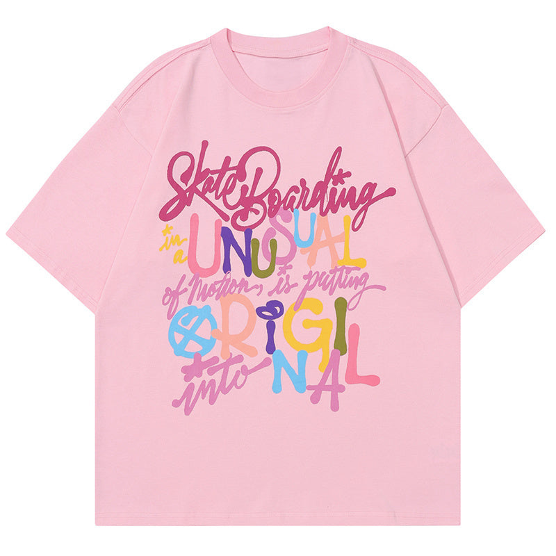 Colorful Letter Print T Shirt Oversize Tees Fashion Casual Top Short Sleeve Streetwear Pure Cotton Loose Summer