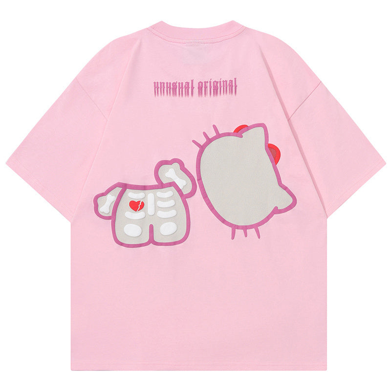 Japanese Cartoon Print T Shirt Oversize Tees Fashion Casual Top Short Sleeve Streetwear Pure Cotton Loose Summer