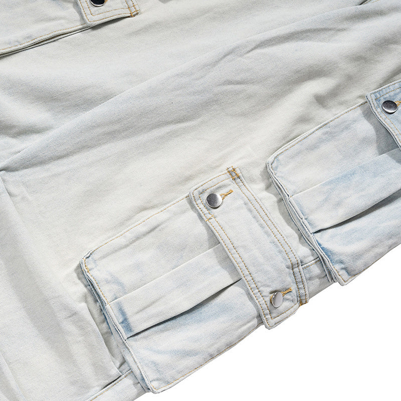 Men's And Women's Straight Pants Unisex Multi-Pocket Cut High Street Wash Old Light Blue Jeans