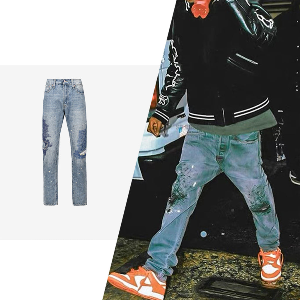 Men's Wear Women's Autumn And Winter City Street Trendy Trousers Men's And Women's Heavy Industry Electric Embroidered Burned Flower Ripped Jeans