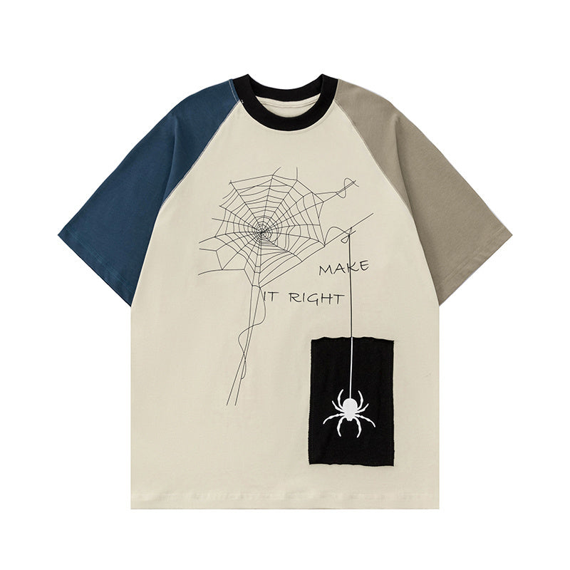 Streetwear T Shirts Patchwork Spider Graphic Oversize Loose Short Sleeve Cotton Tee Casual O Neck Summer