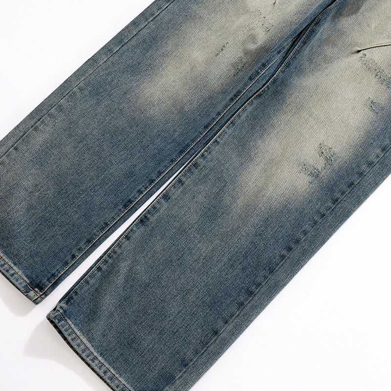 Men's And Women's Urban Deconstruction Stitching Insect Bite Damage Trousers Men's And Women's Blue Straight High Street Jeans