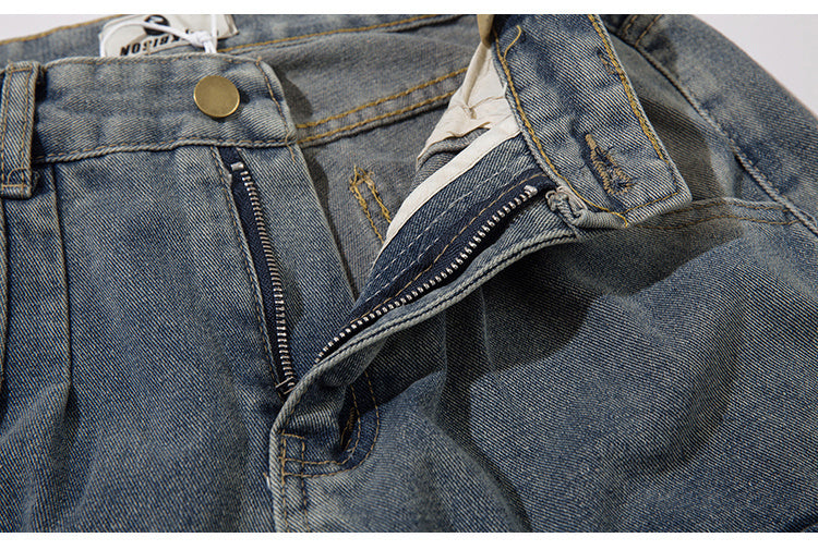 American Style Retro Puppies Handsome Hip-Hop Multi-Pocket Overalls Trendy Loose Straight-Leg Jeans For Men And Women