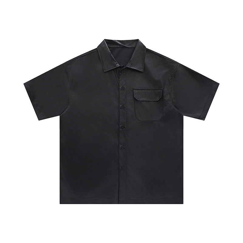Front Pocket Design Shirts Oversize Button PU Tops Casual Summer Outwear Short Sleeve Solid Color