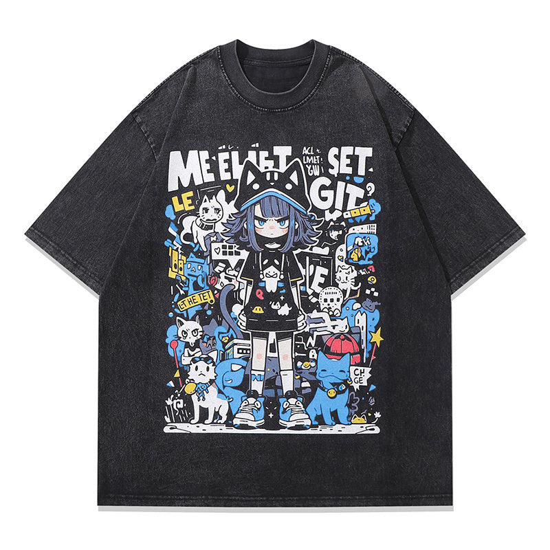 Streetwear T Shirts Vintage Cotton Washed Loose Trendy Cartoon Girl Print Tee Short Sleeve Casual O Neck Summer