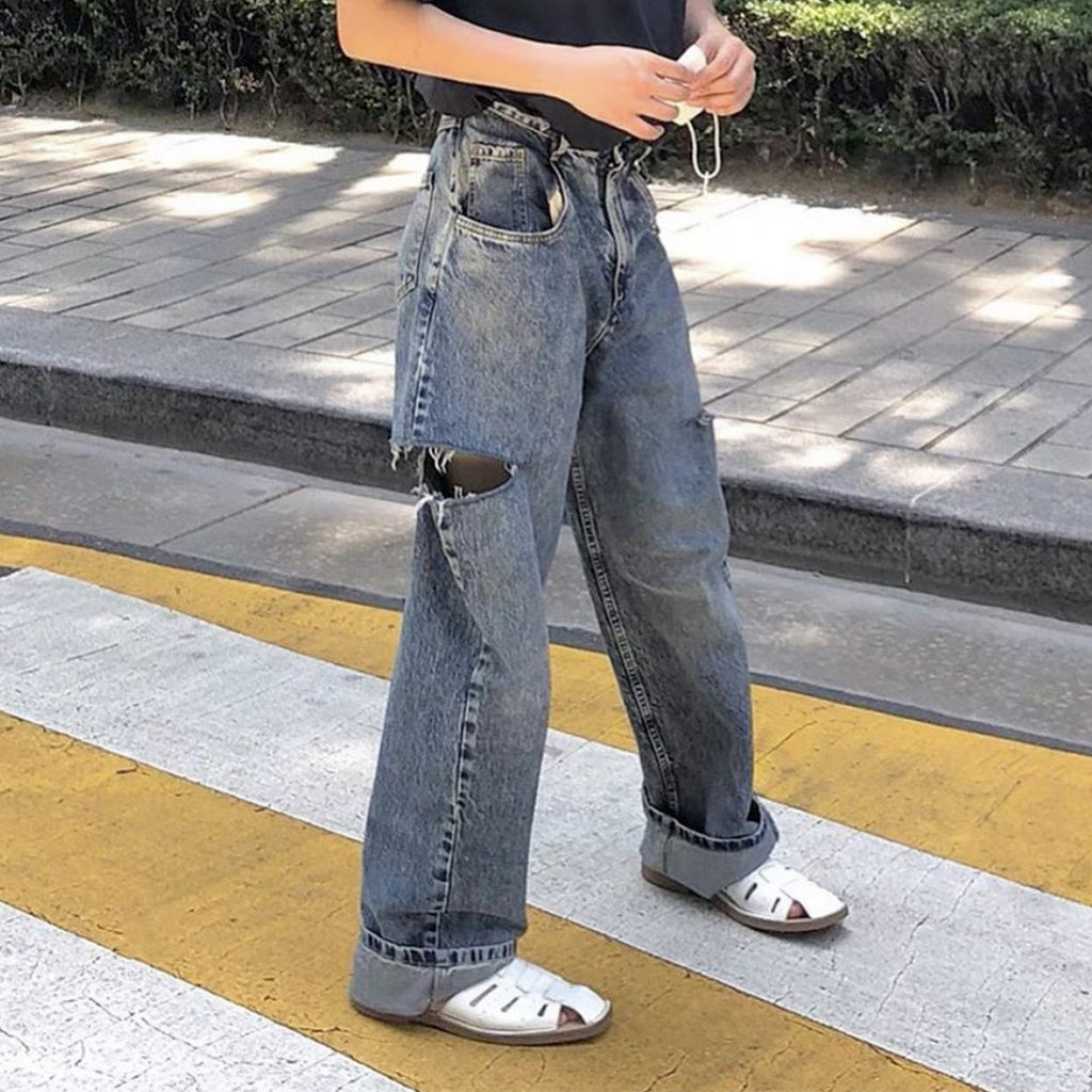 Women's Clothing Men's Hip-Hop Washed Dressed Trousers Trendy Men's And Women's Maggie Blanket Cut BAGGY Jeans