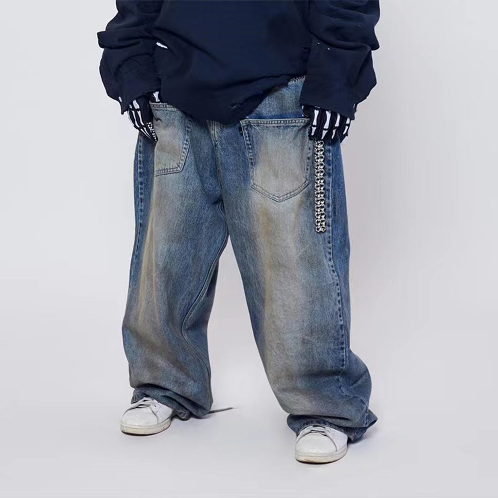 Men's Wear Women's Urban Men's And Women's Same-style Washed Trousers Trendy Front And Back Reverse Profile Blue Denim