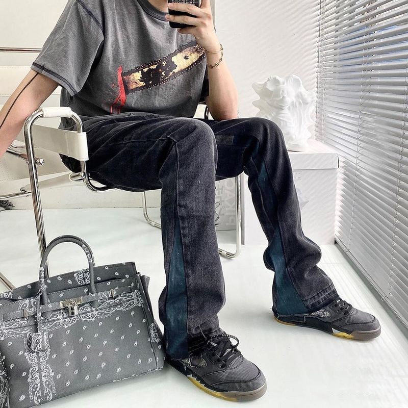 Men's Wear Women's Autumn And Winter Street Cat-beard Pants Remodeled Wide-legged Pants Men's And Women's Contrast Color Stitching Jeans