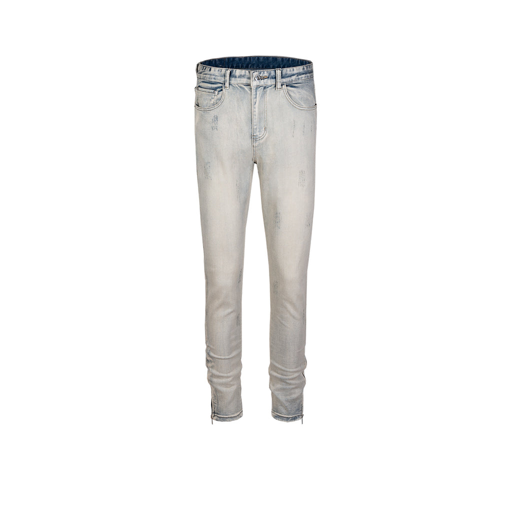 Men's And Women's Autumn And Winter Urban Slim-fit Old Worm Bite Wear Trousers Wide-legged Zipper Washable Denim Trendy