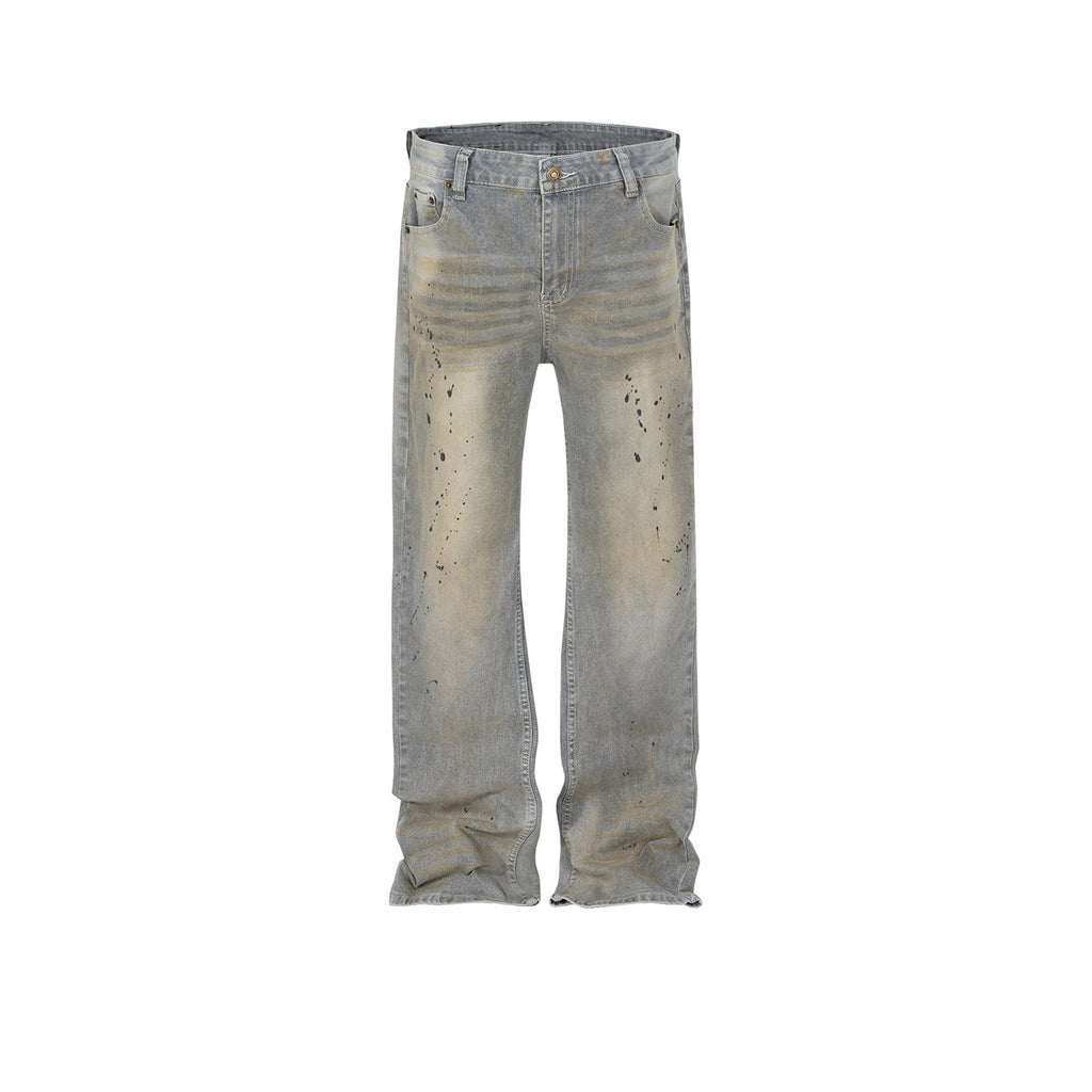 Men's And Women's Splash Ink Embellishment Design Trousers Men's And Women's Same Style Wash Water Old High Street Straight Gray Jeans