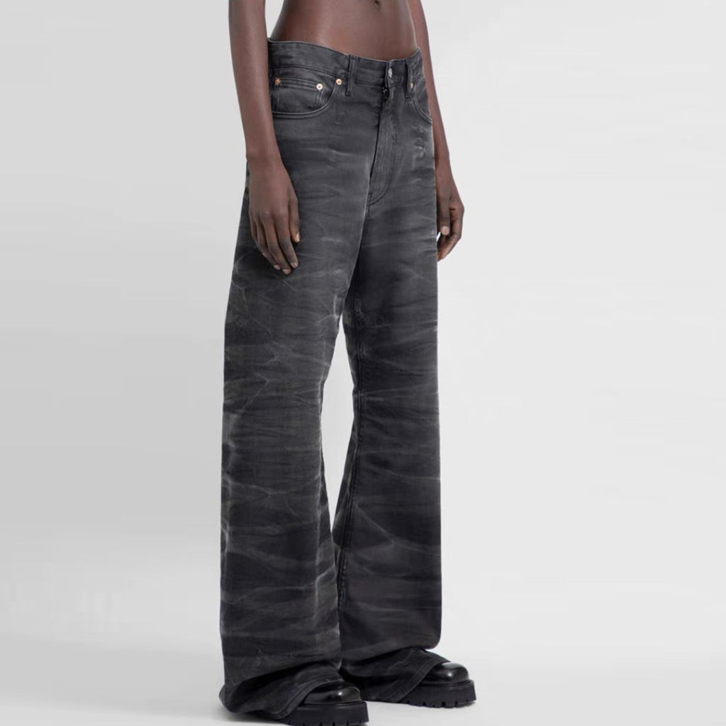 Men's And Women's Washed Old Pants Unisex High Street Textured Couple's Water Corrugated Micro-La Jeans