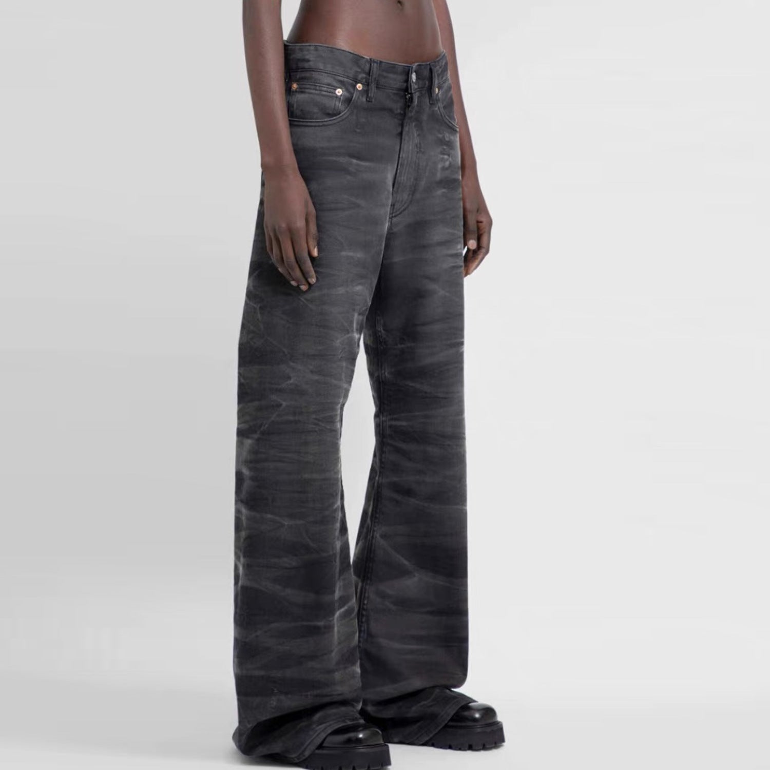 Men's And Women's Washed Old Pants Unisex High Street Textured Couple's Water Corrugated Micro-La Jeans
